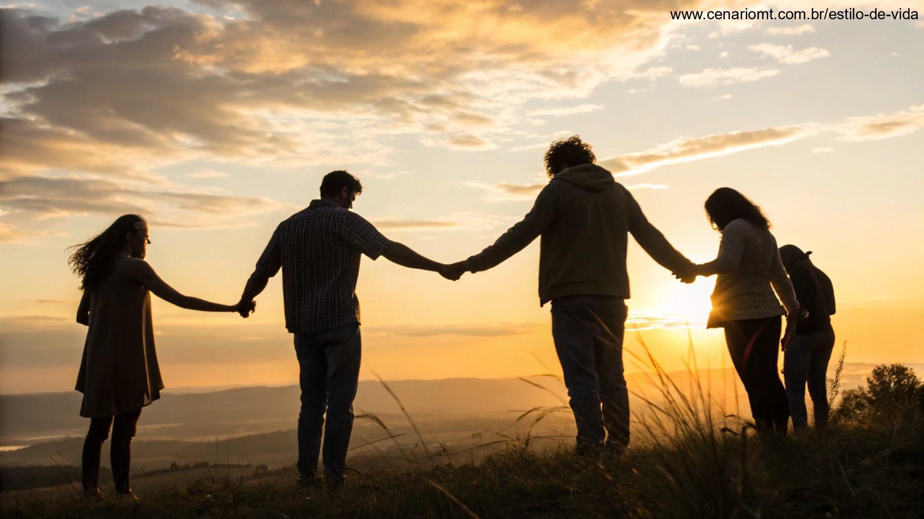 Grupo de pessoas de mãos dadas em oração ao nascer do sol, simbolizando unidade e bênçãos.