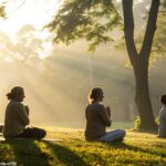 Grupo religioso em oração em uma manhã iluminada pelo sol