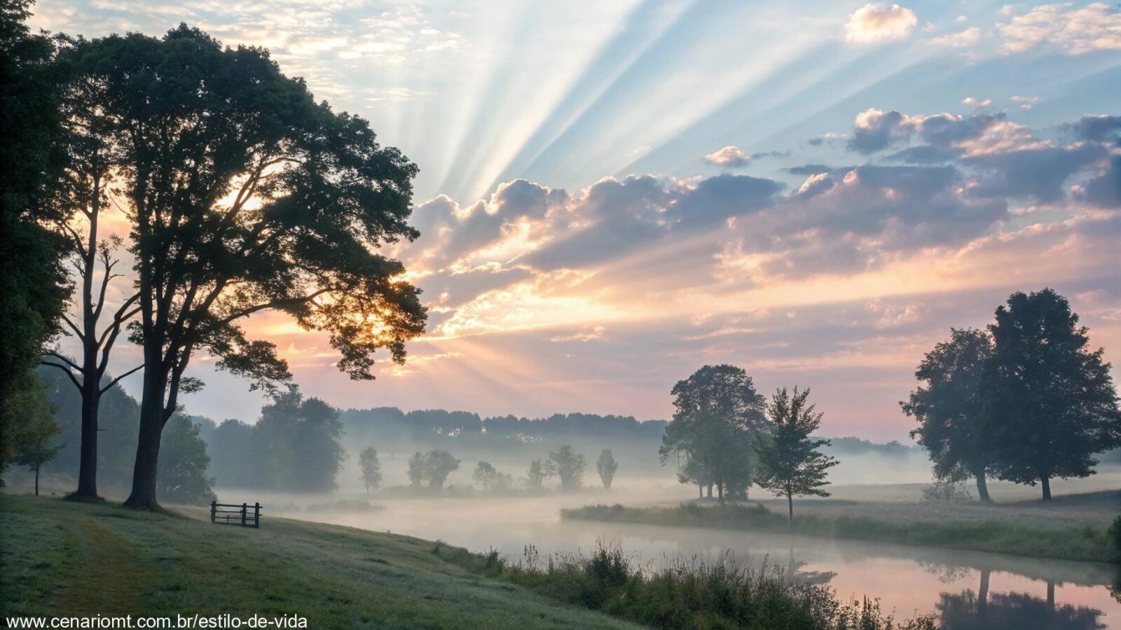 Cenário pacífico pela manhã com o sol nascendo sobre uma paisagem tranquila, simbolizando esperança e serenidade para grupos religiosos do WhatsApp.