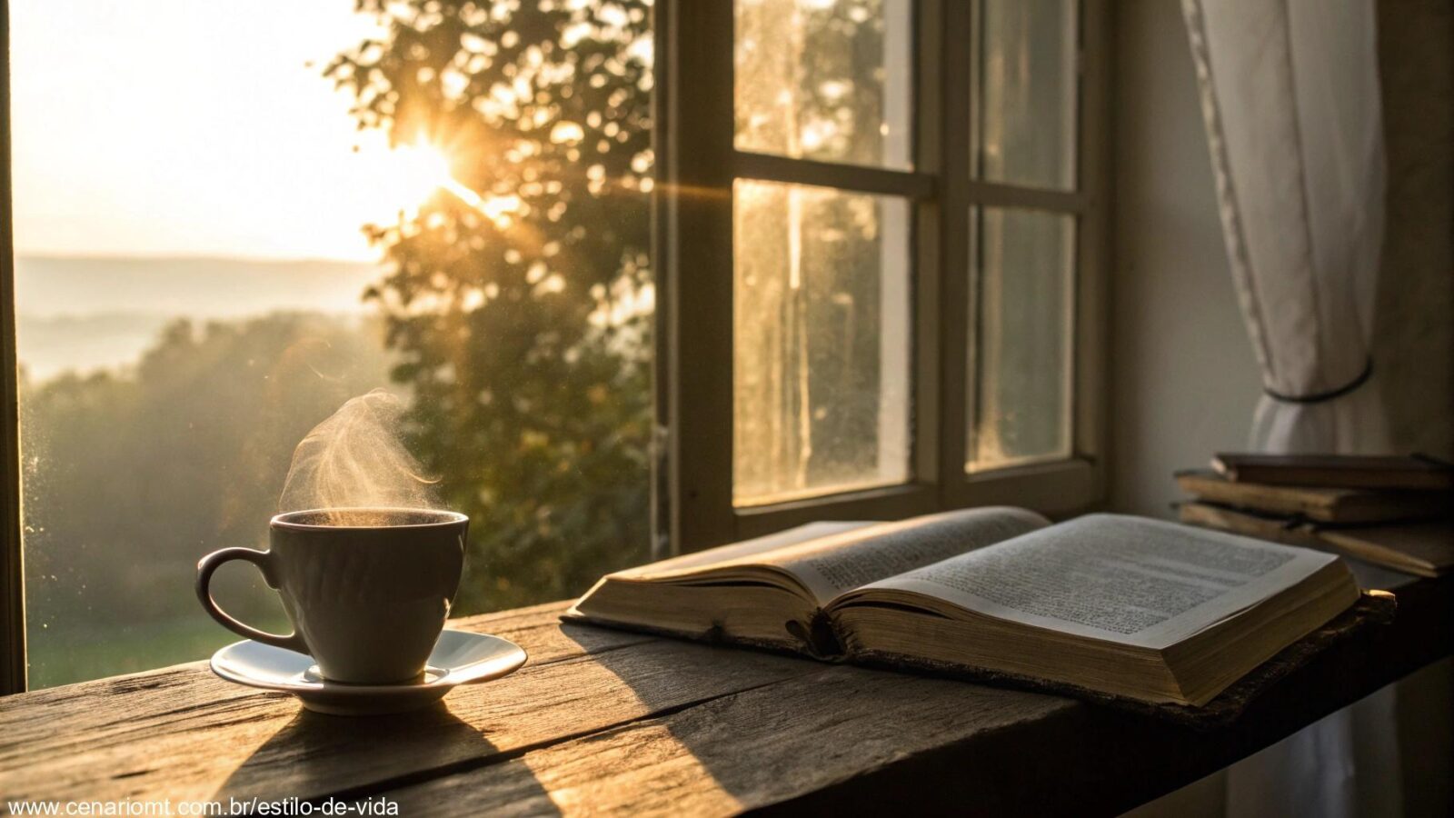 Cena de manhã tranquila com luz suave, uma mesa aconchegante com café e uma Bíblia aberta.
