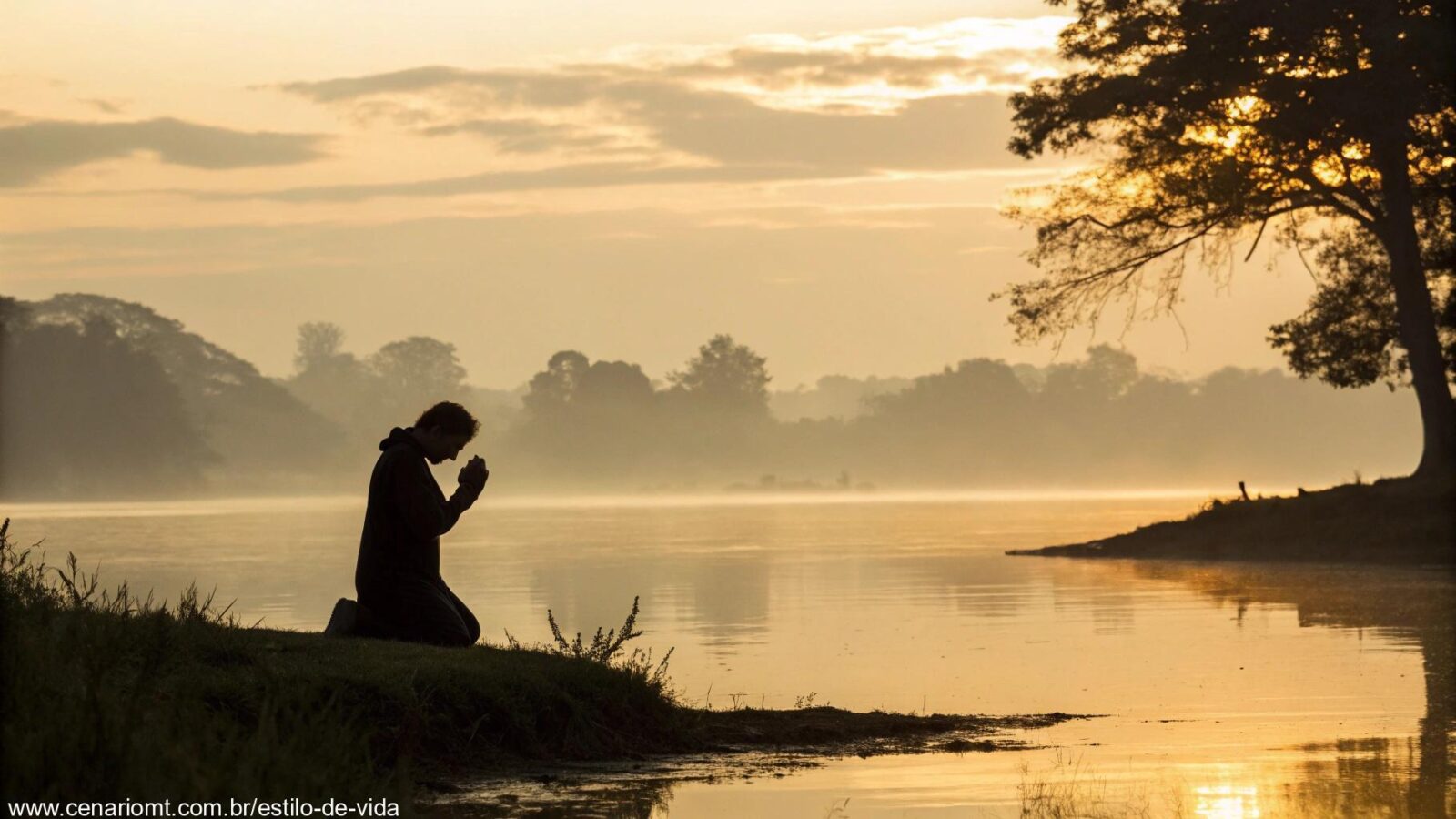 Paisagem tranquila ao amanhecer, com luz dourada suave refletindo nas águas calmas, e uma silhueta de uma pessoa orando, simbolizando fé e união para uma manhã de sexta-feira em um grupo religioso.
