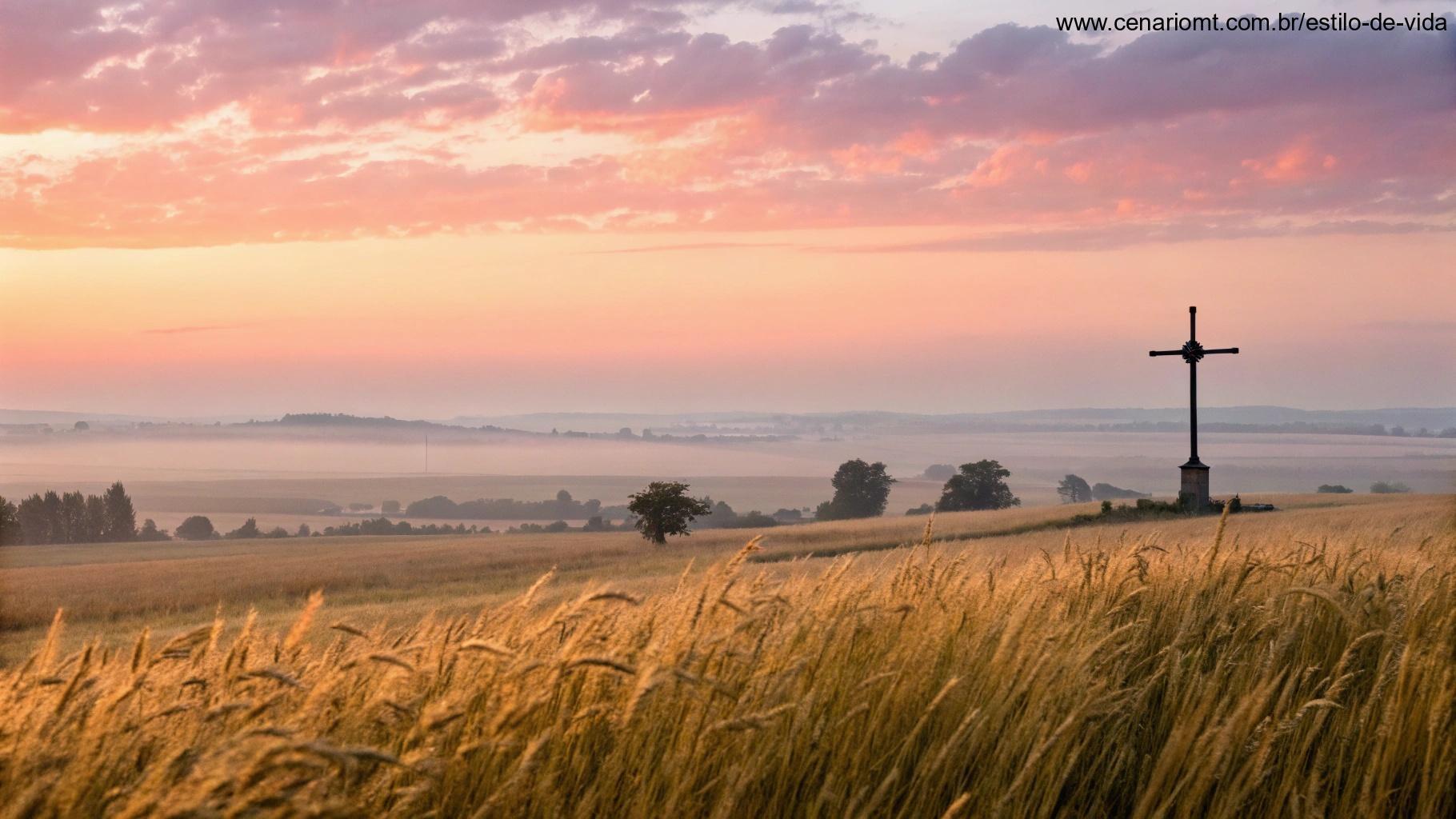 Um amanhecer tranquilo sobre um campo com uma cruz ao fundo, representando esperança, renovação e o começo de um dia abençoado.