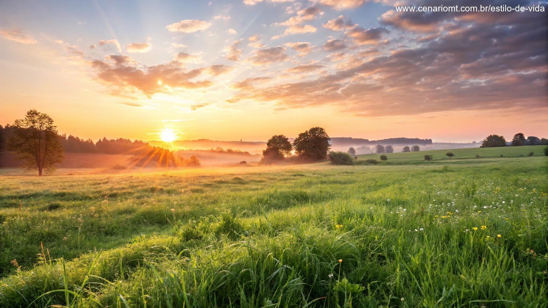 Cenário de manhã com um sol brilhante nascendo sobre um campo verde, representando esperança e positividade para o sábado.