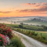 Amanhecer sereno no campo com luz suave, flores vibrantes e um caminho tranquilo.