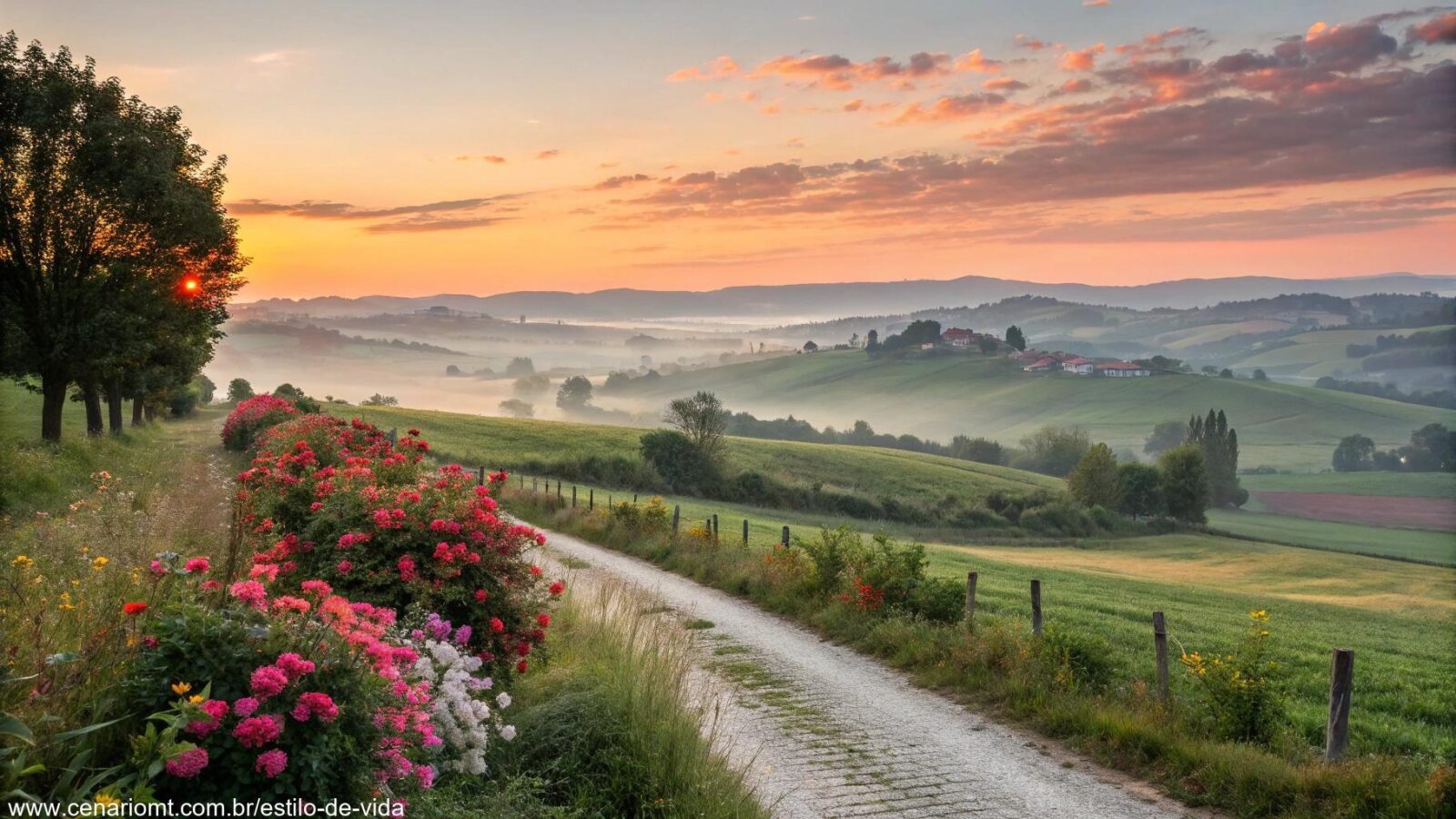 Amanhecer sereno no campo com luz suave, flores vibrantes e um caminho tranquilo.