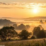 Amanhecer tranquilo com luz dourada e névoa suave, transmitindo fé e esperança.