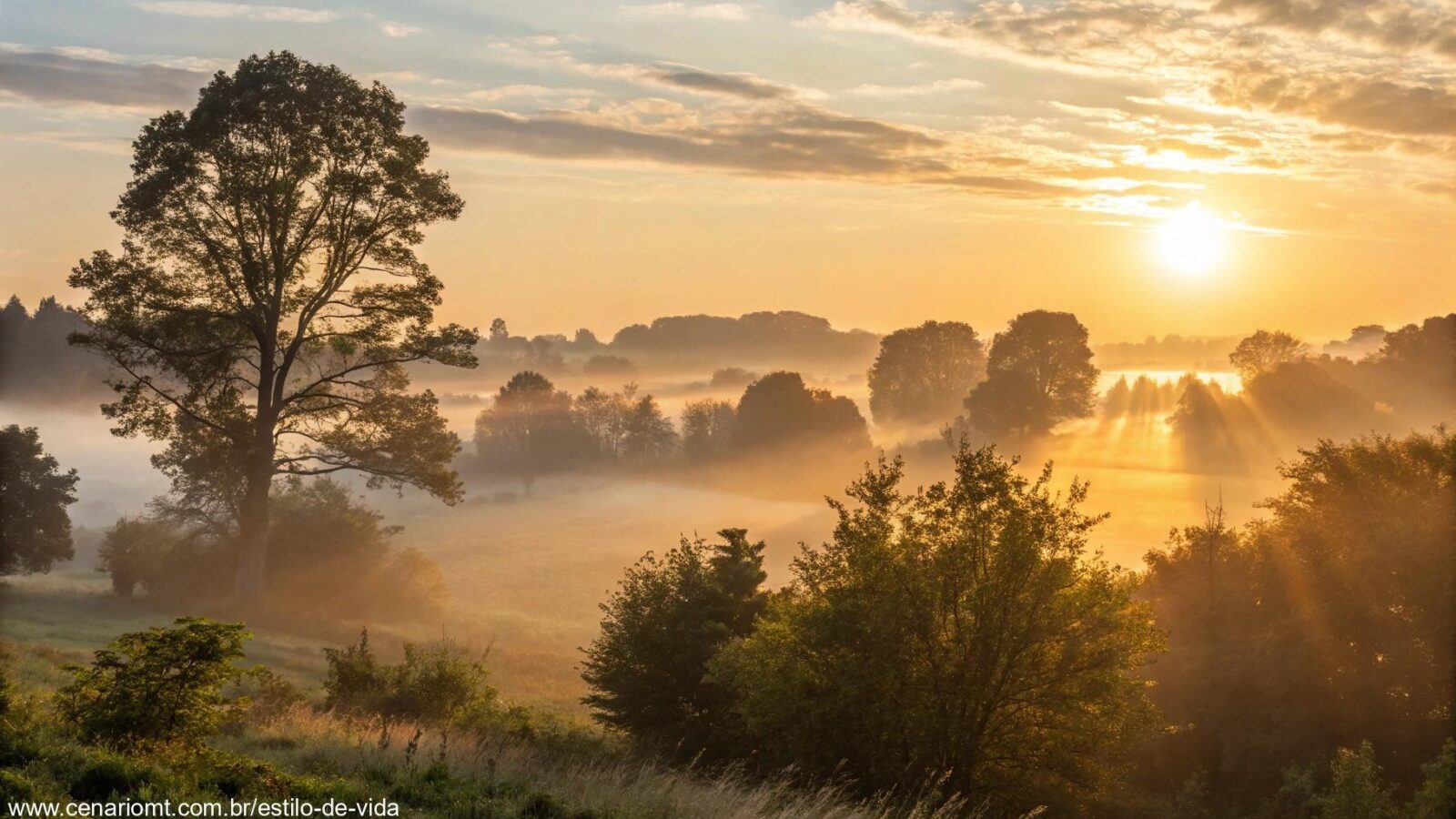 Nascer do sol sereno sobre uma paisagem tranquila, com luz dourada aquecendo as árvores enevoadas, trazendo positividade para começar o dia.