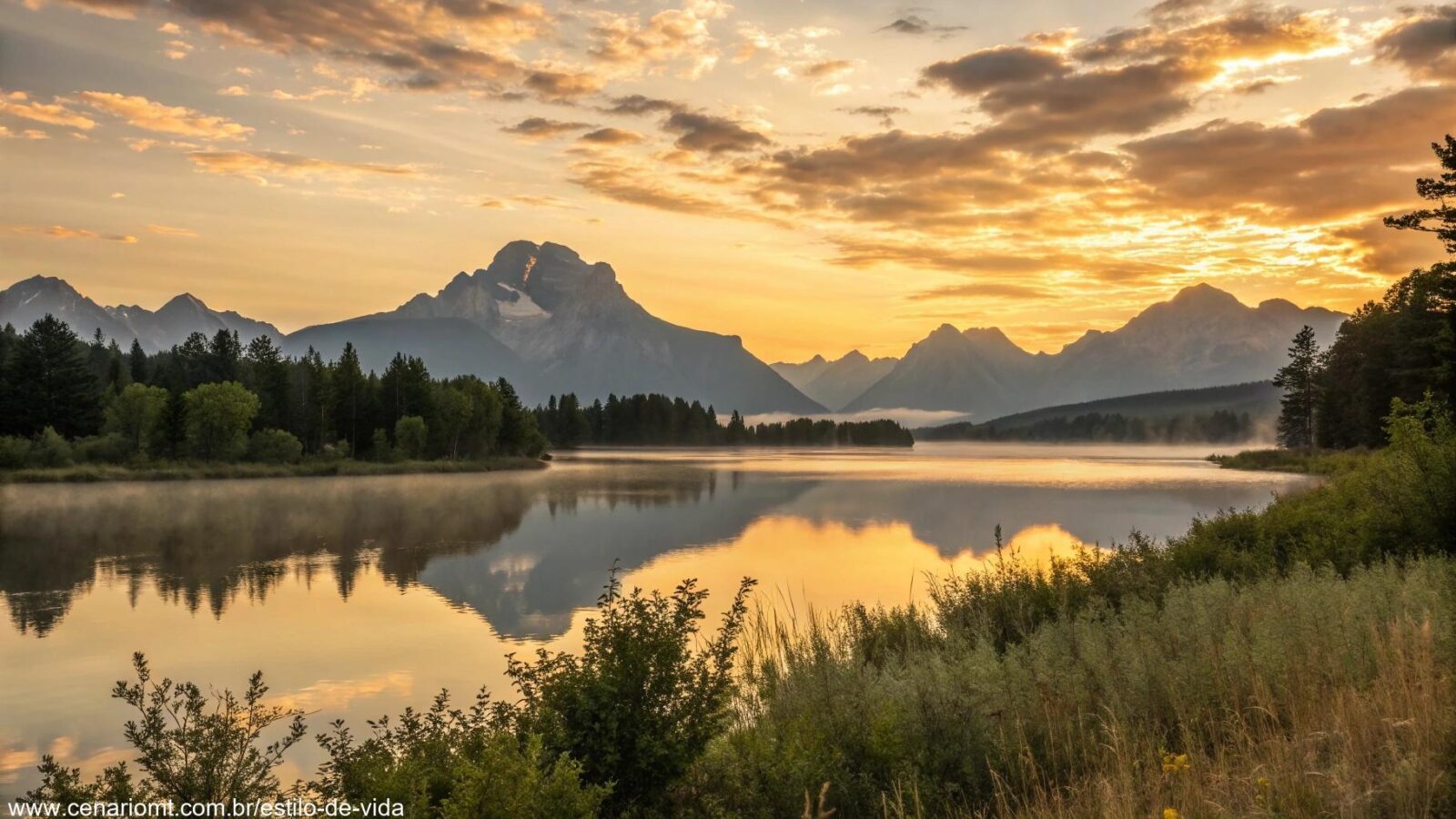 Imagem de um amanhecer sereno sobre uma paisagem calma, com tons dourados suaves no céu refletindo em um lago tranquilo, montanhas ao fundo.