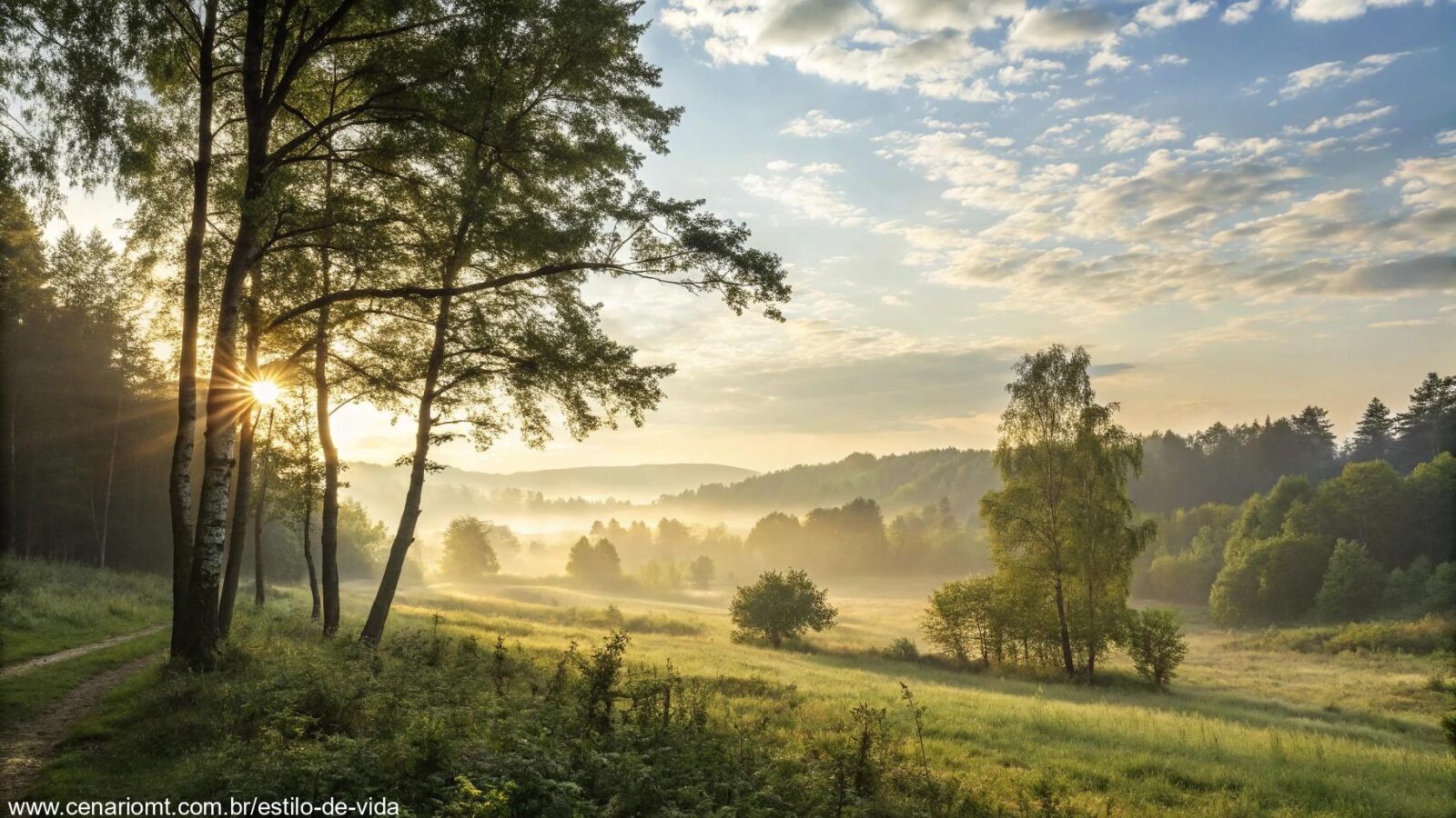 Paisagem matinal serena com luz do sol entre as árvores, transmitindo alegria e inspiração.