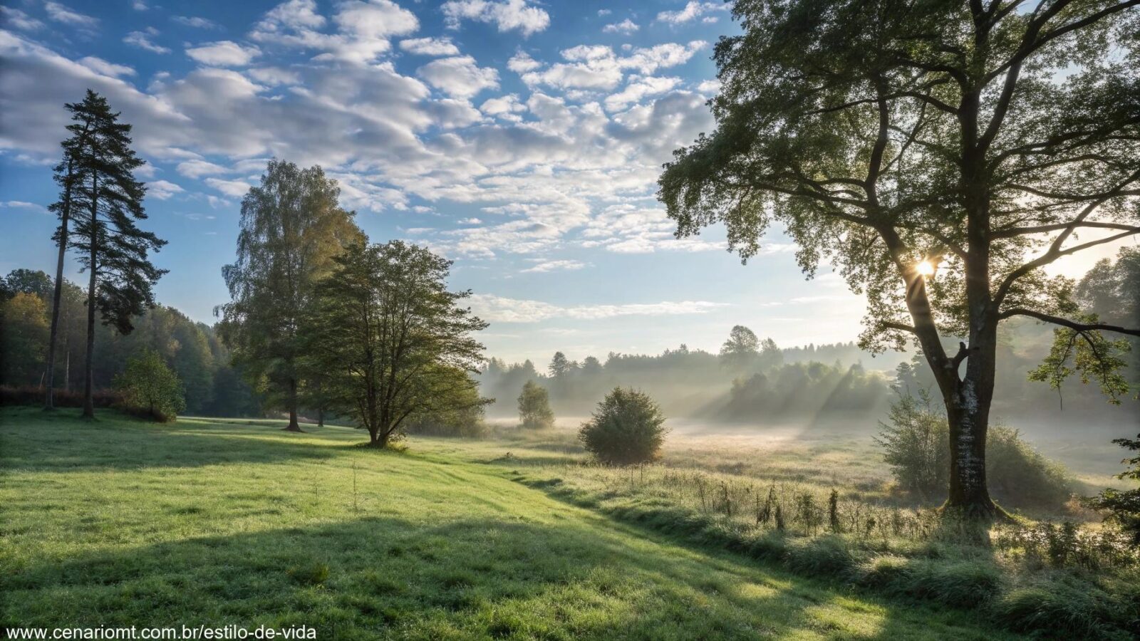 Paisagem tranquila de manhã com luz suave filtrando através das árvores, orvalho na grama e uma atmosfera calma e serena.