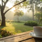 Manhã de sábado tranquila com luz do sol suave, xícara de café e atmosfera serena.