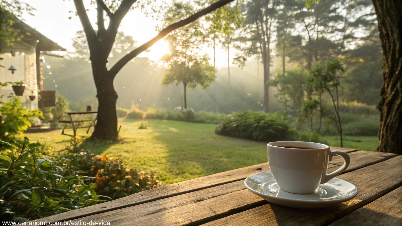 Manhã de sábado tranquila com luz do sol suave, xícara de café e atmosfera serena.