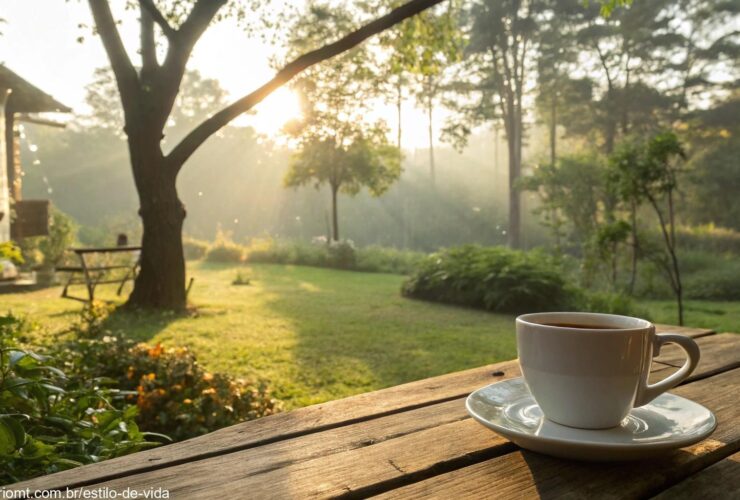 Manhã de sábado tranquila com luz do sol suave, xícara de café e atmosfera serena.