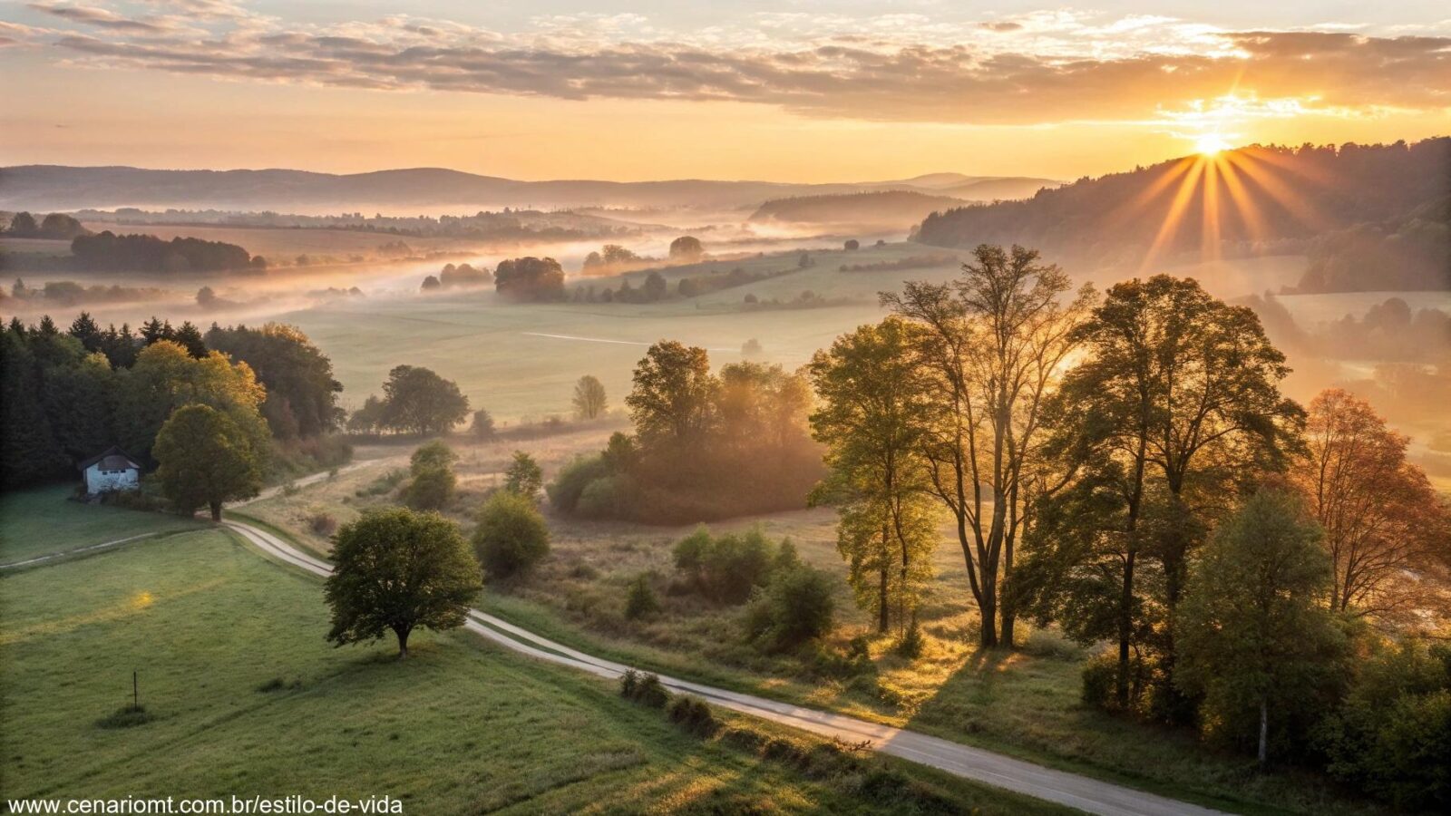Um nascer do sol sereno sobre o campo em uma manhã de segunda-feira, com luz dourada passando pelas árvores, simbolizando inspiração e positividade para a semana.