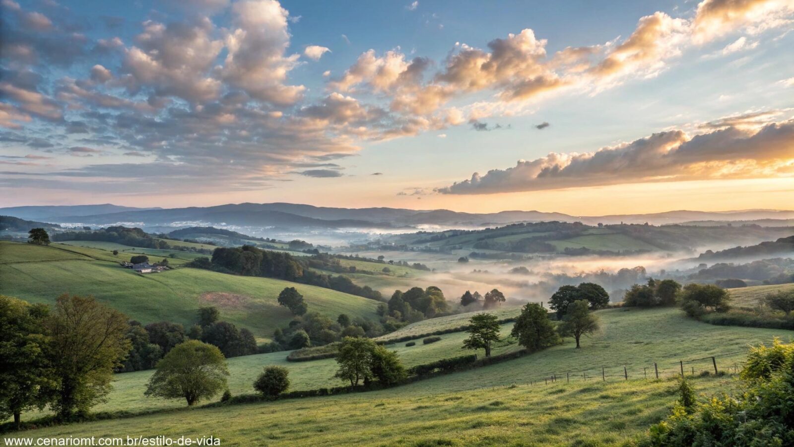 Paisagem serena com a luz suave da manhã e um campo tranquilo ao fundo.