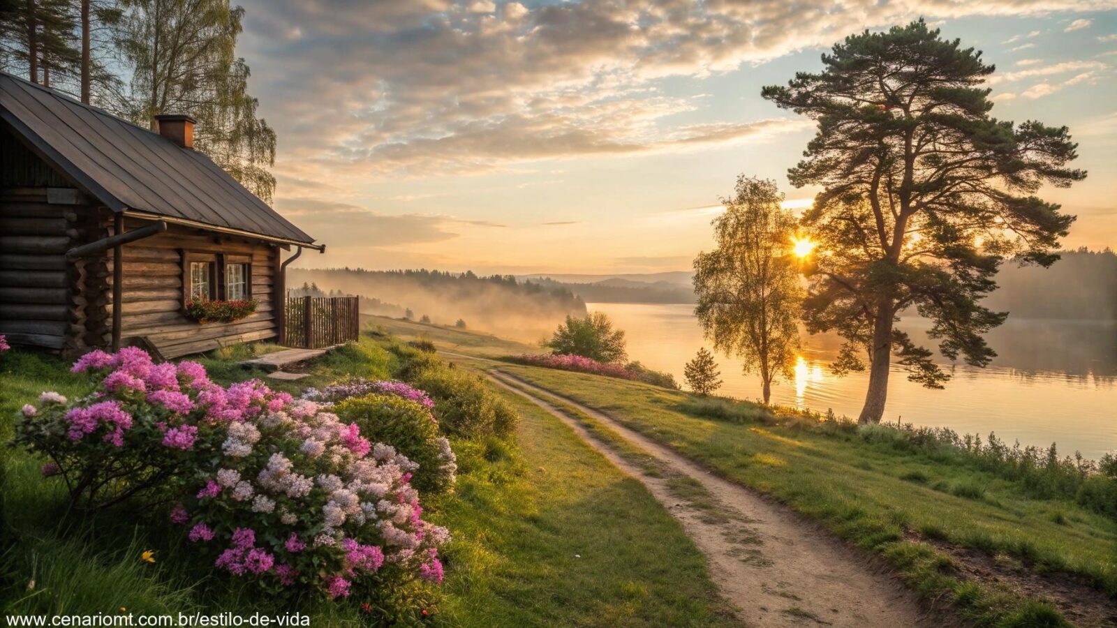 Cena de nascer do sol sereno com luz dourada suave iluminando uma paisagem campestre tranquila.