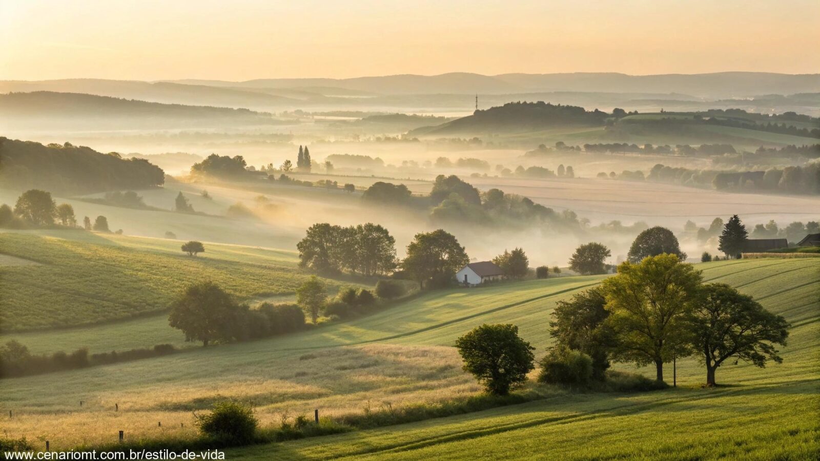 Paisagem matinal serena com luz dourada suave e névoa sobre campos verdes.