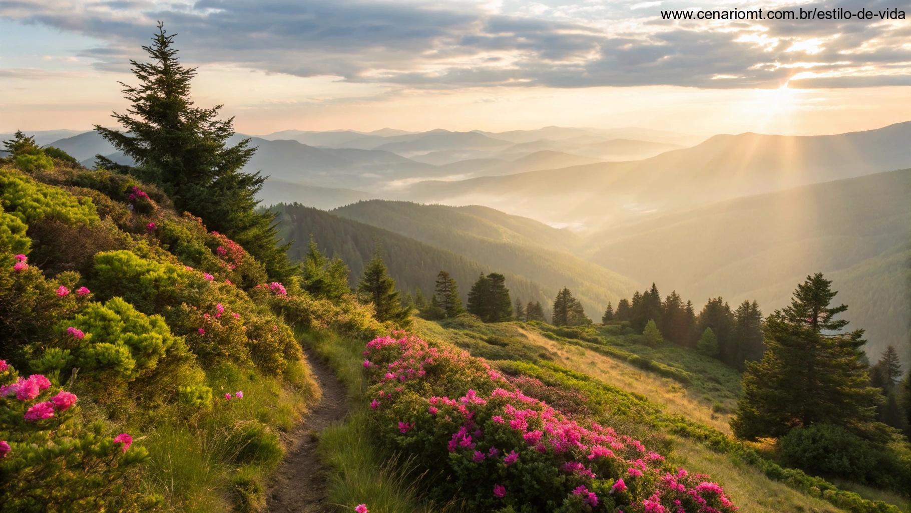 Visão tranquila de uma manhã pacífica com flores vibrantes e raios de sol.