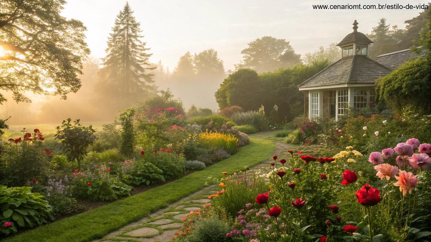 Imagem de um jardim pacífico com flores desabrochando sob a luz suave do sol.