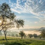 Mensagem de bom dia com paisagem serena e luz suave.