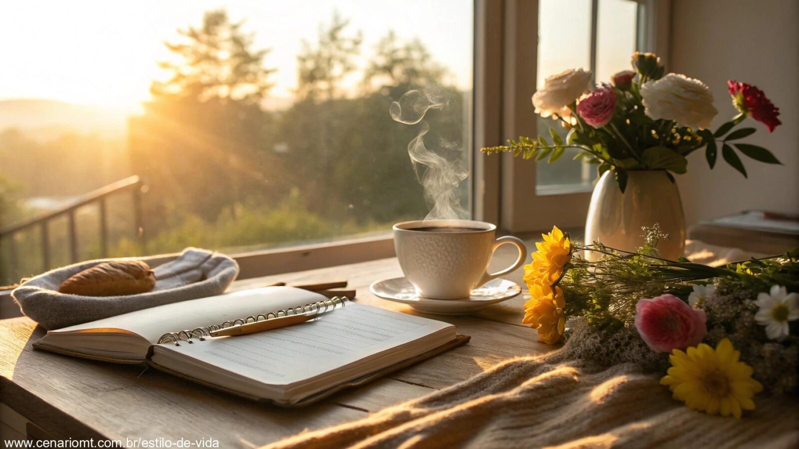 Cena tranquila de manhã com luz dourada suave entrando pela janela, iluminando uma mesa de café da manhã aconchegante com uma xícara de café fumegante, flores frescas e um caderno aberto.