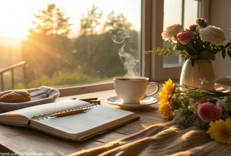 Cena tranquila de manhã com luz dourada suave entrando pela janela, iluminando uma mesa de café da manhã aconchegante com uma xícara de café fumegante, flores frescas e um caderno aberto.