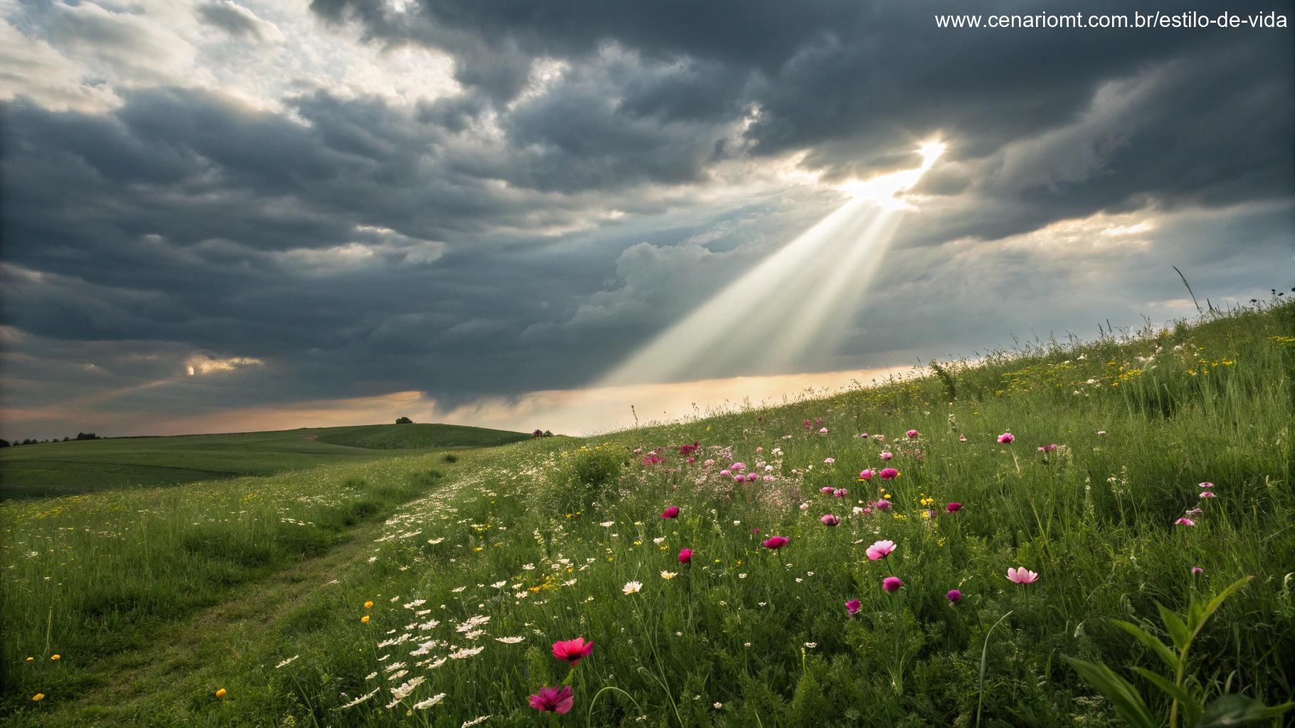 Representação simbólica de esperança com um raio de luz quebrando nuvens escuras e iluminando um campo verde com flores.