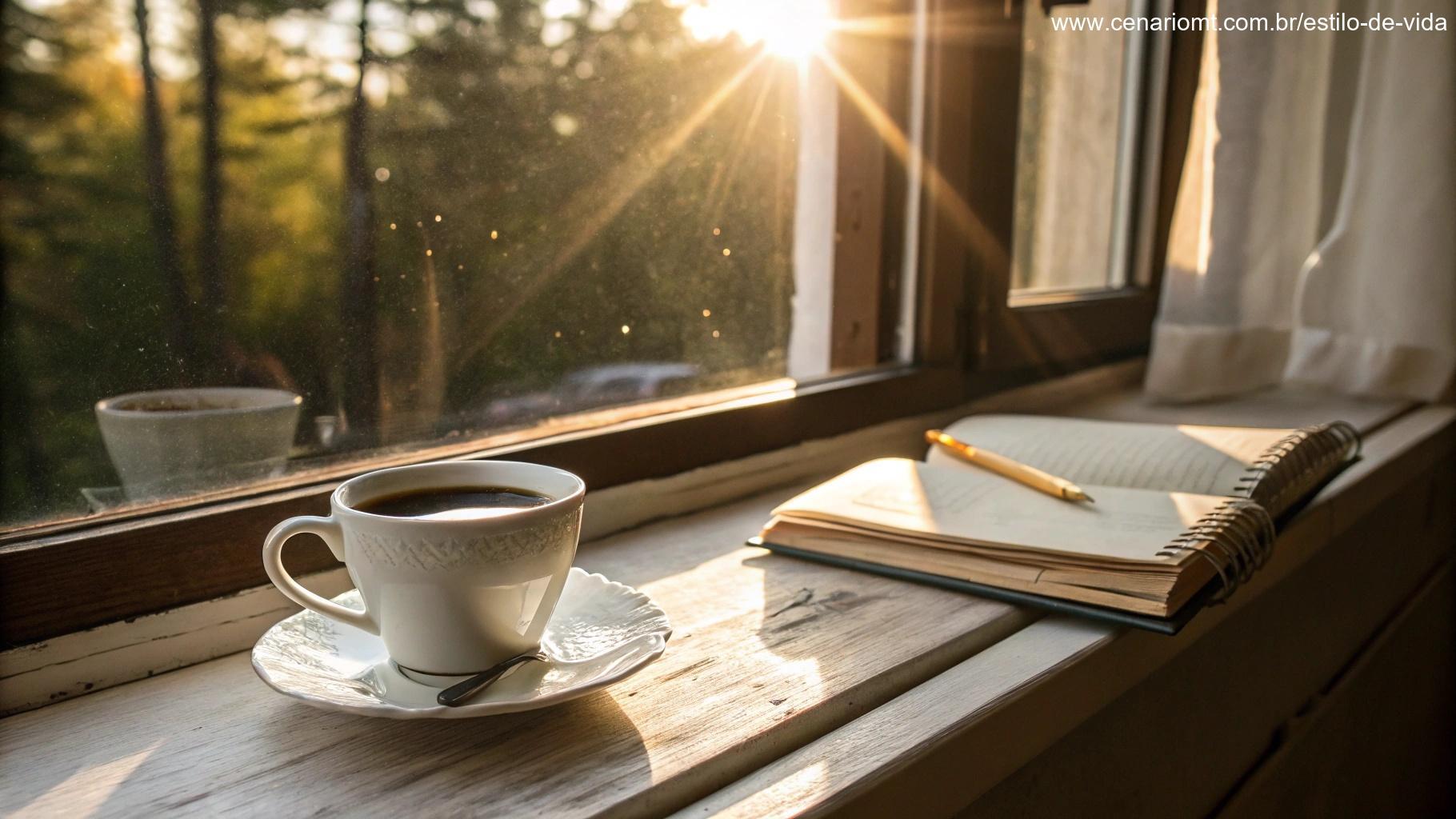 Uma cena matinal alegre com uma xícara de café na janela, raios de sol entrando e uma mensagem inspiradora baseada nos Salmos em um caderno.
