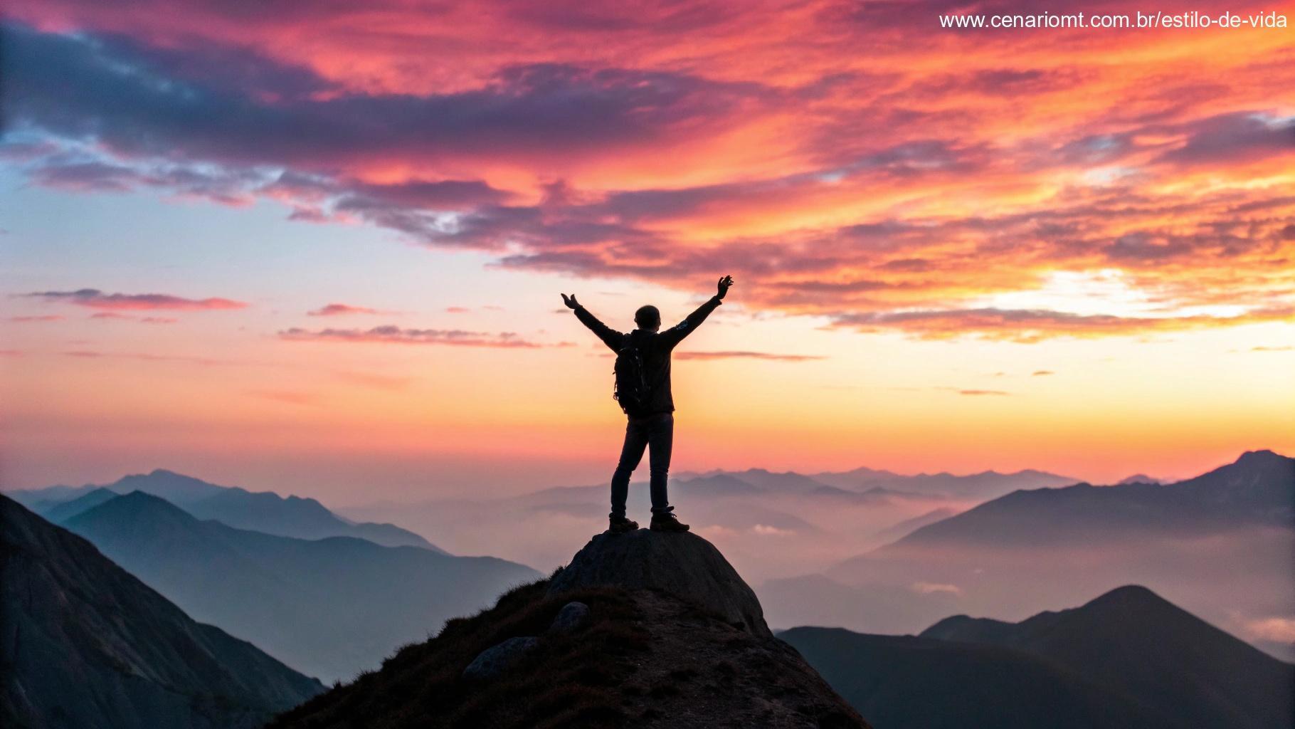 Pessoa em um pico de montanha, braços erguidos para o céu, com o nascer do sol ao fundo, simbolizando confiança em Deus.