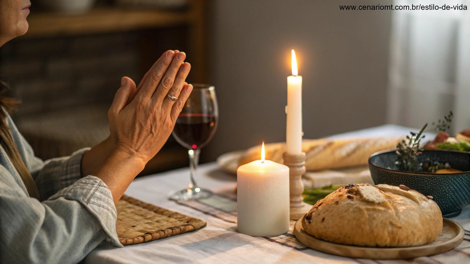 Mãos unidas em oração com vela acesa e símbolos de gratidão ao Senhor.