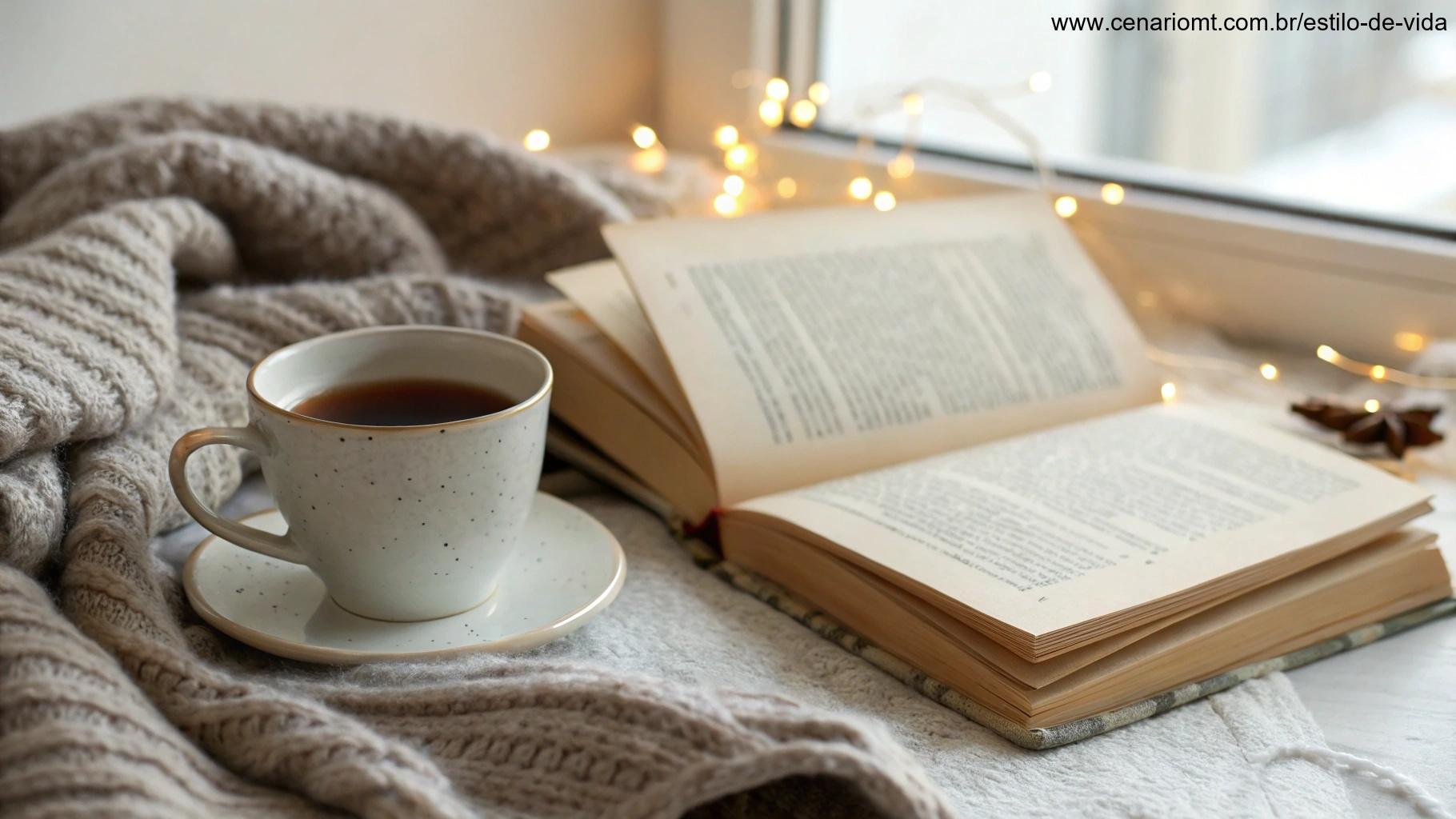 Cena acolhedora com uma xícara de chá ou café ao lado de um livro aberto, cobertor macio e ambiente tranquilo.
