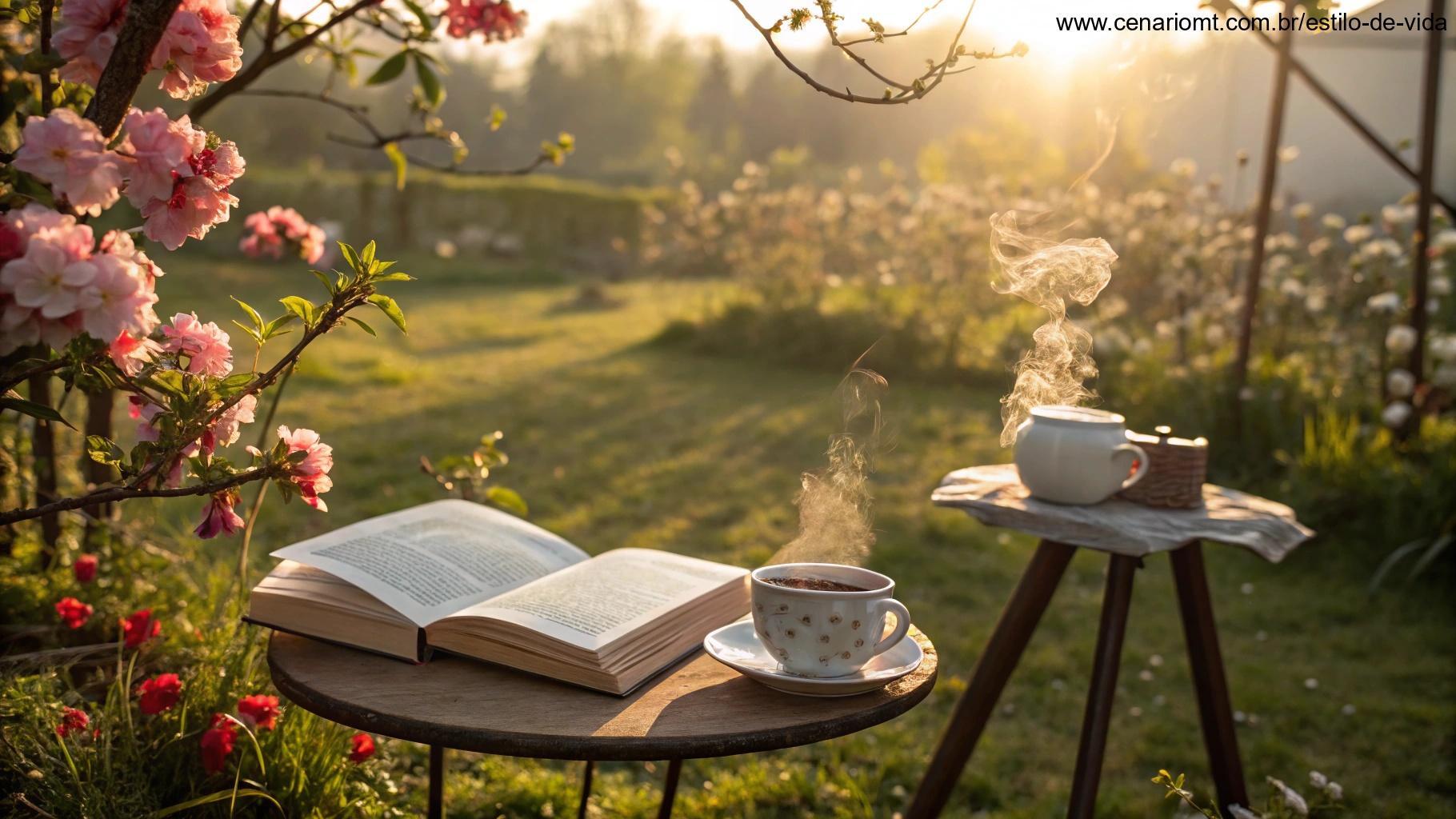 Cenário inspirador de tarde em um jardim tranquilo, com um cantinho aconchegante de leitura, um livro aberto e uma xícara de chá fumegante.