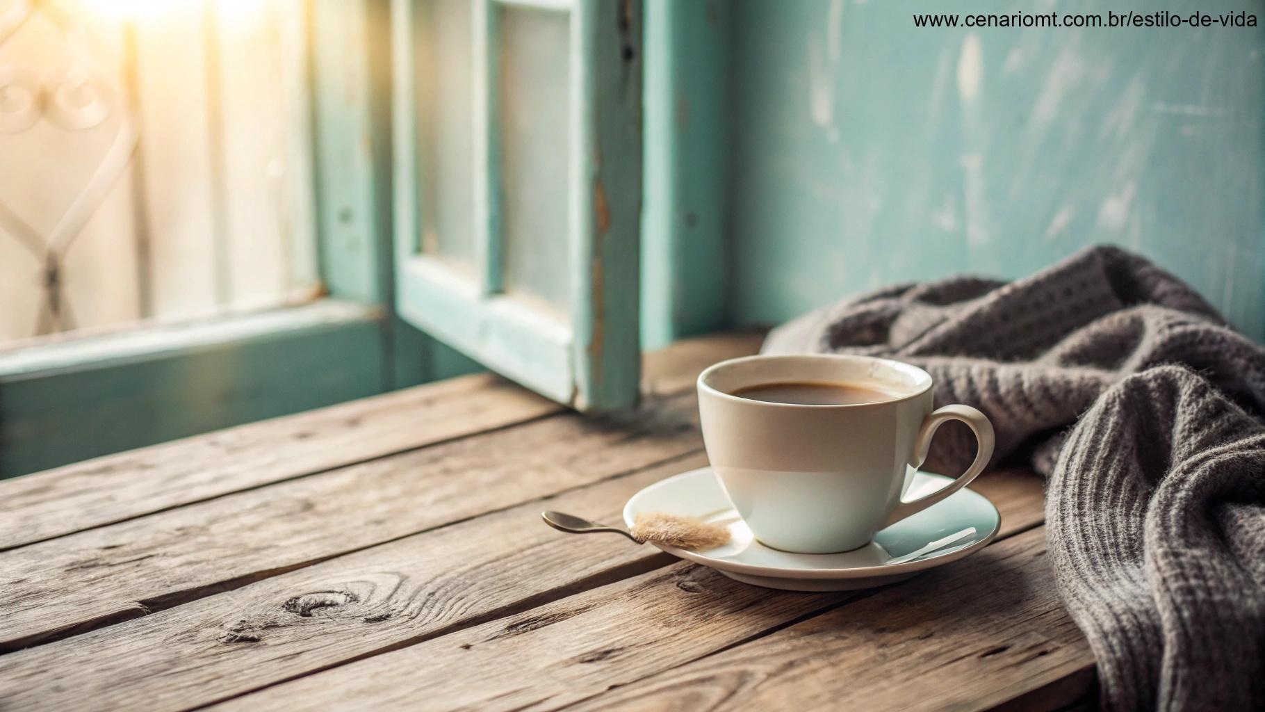 Uma xícara aconchegante de chá ou café sobre uma mesa de madeira.