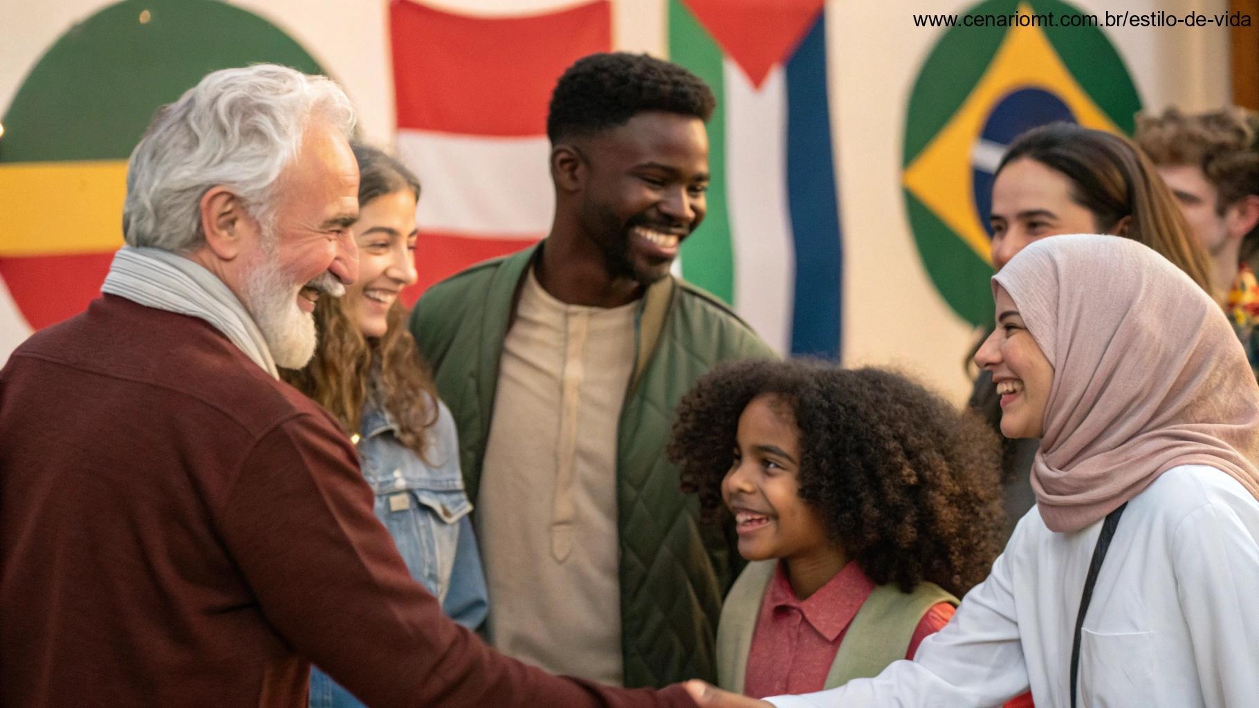 Grupo diverso de pessoas sorrindo e se cumprimentando em diferentes idiomas, transmitindo união cultural e positividade.