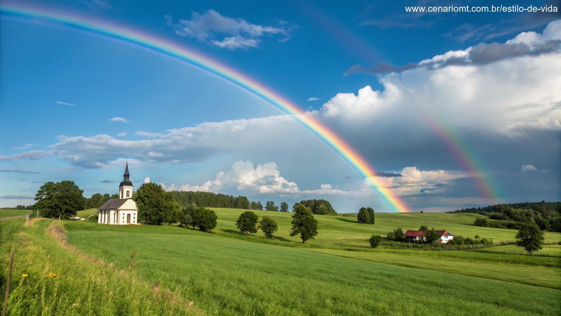 Imagem vibrante de um arco-íris sobre um campo verde com uma igreja ao fundo.