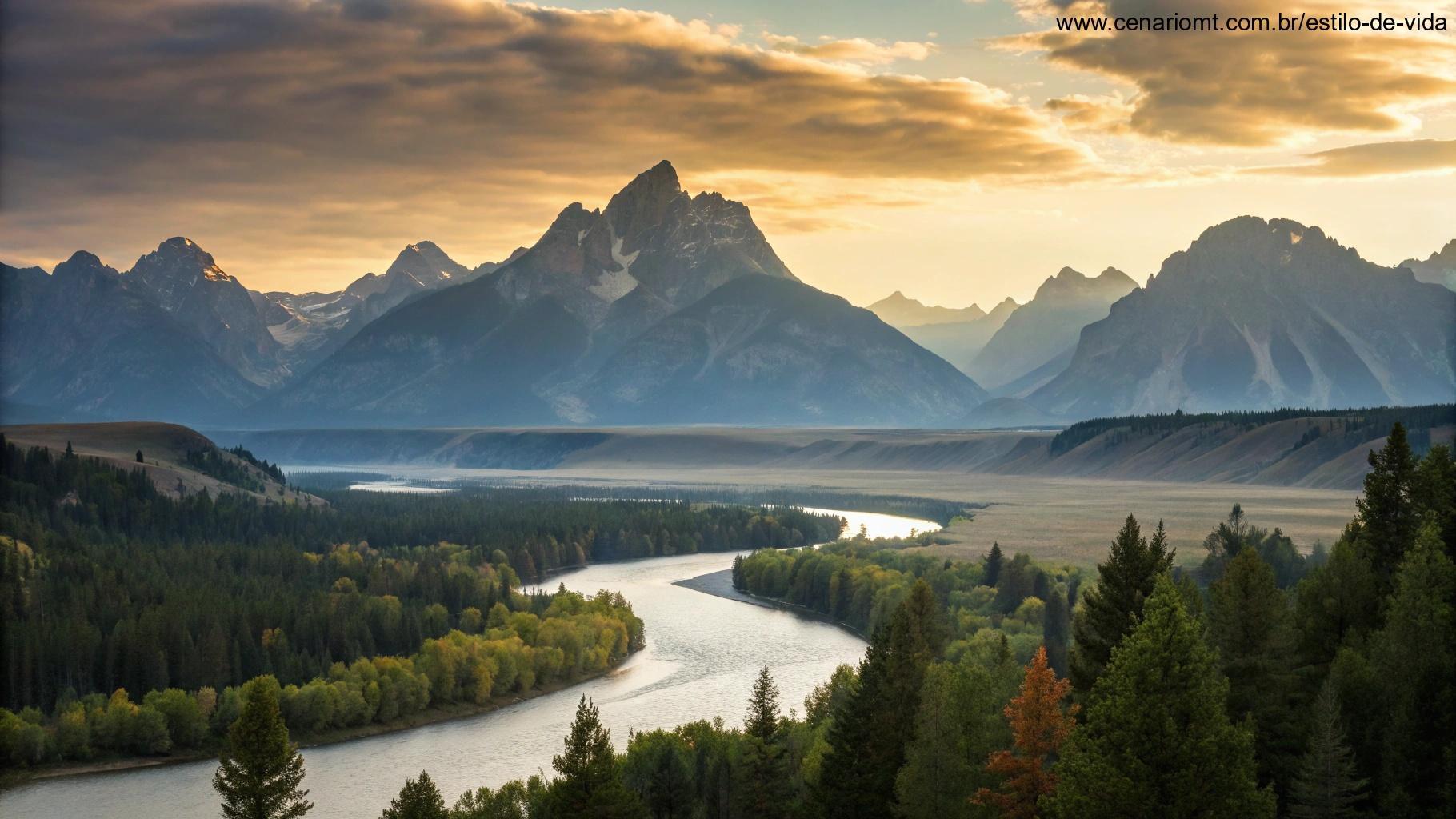Uma paisagem serena com montanhas e rios ao fundo, simbolizando fé, esperança e o poder da positividade em um novo dia.