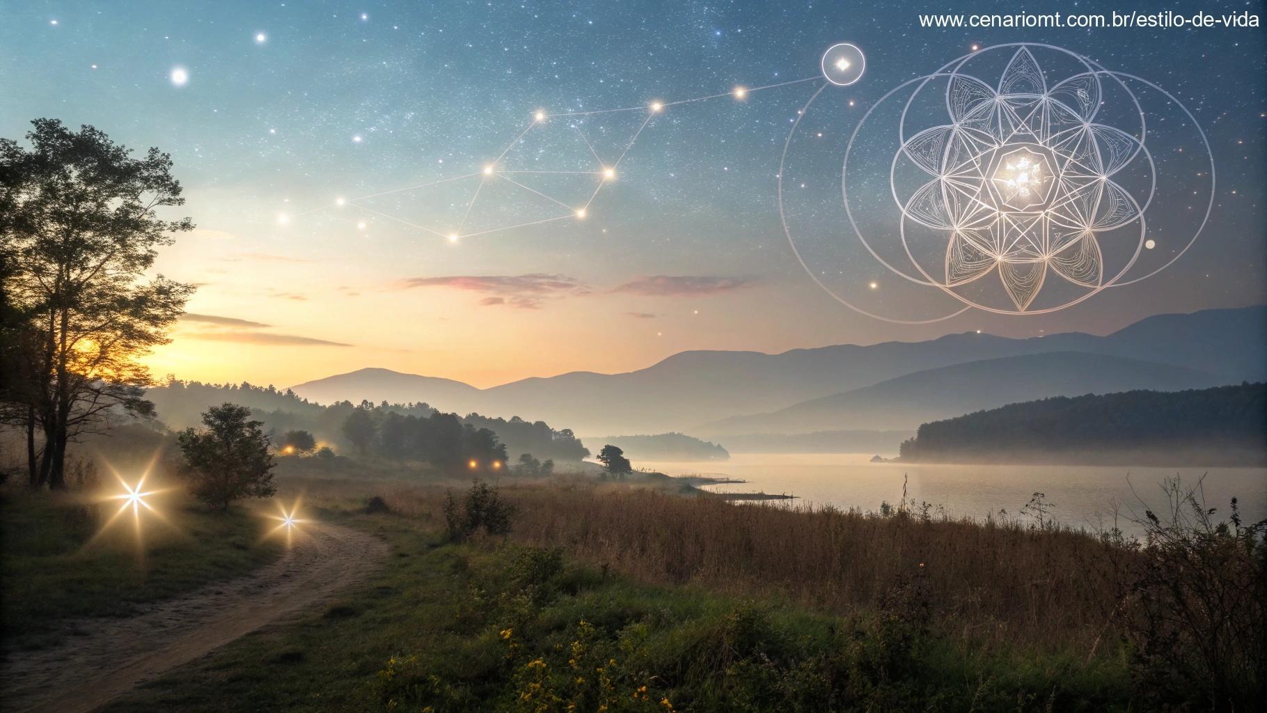 Paisagem serena com luzes suaves e elementos cósmicos, simbolizando mensagens espirituais e conexão com o universo.