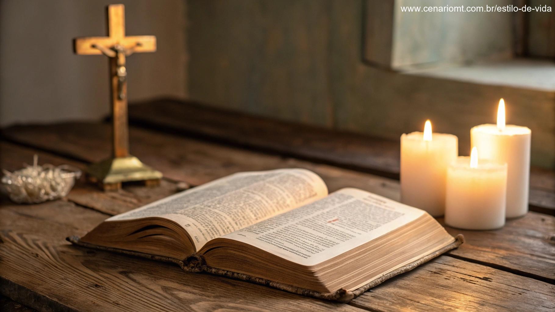 Visual acolhedor e inspirador com uma Bíblia aberta sobre uma mesa rústica, velas acesas e uma cruz dourada ao fundo.