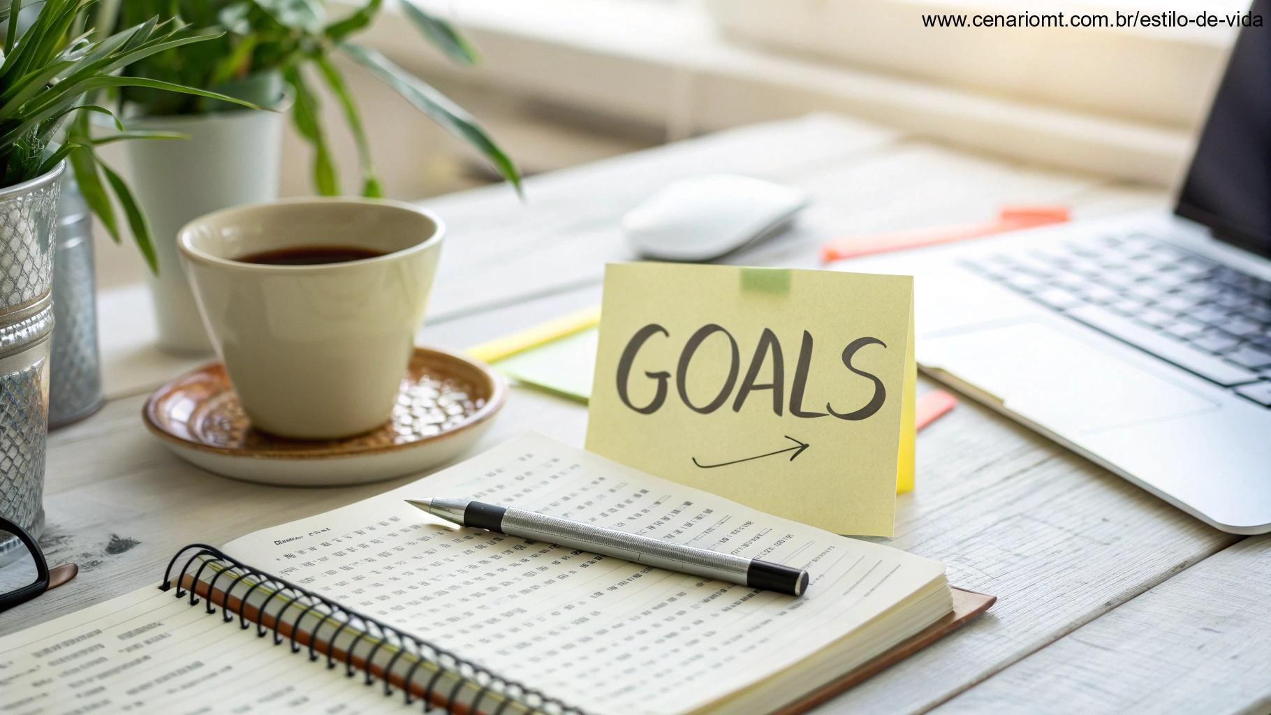 Espaço de trabalho iluminado e inspirador com um bilhete adesivo contendo uma mensagem motivacional, uma xícara de café e um caderno com metas escritas à mão.