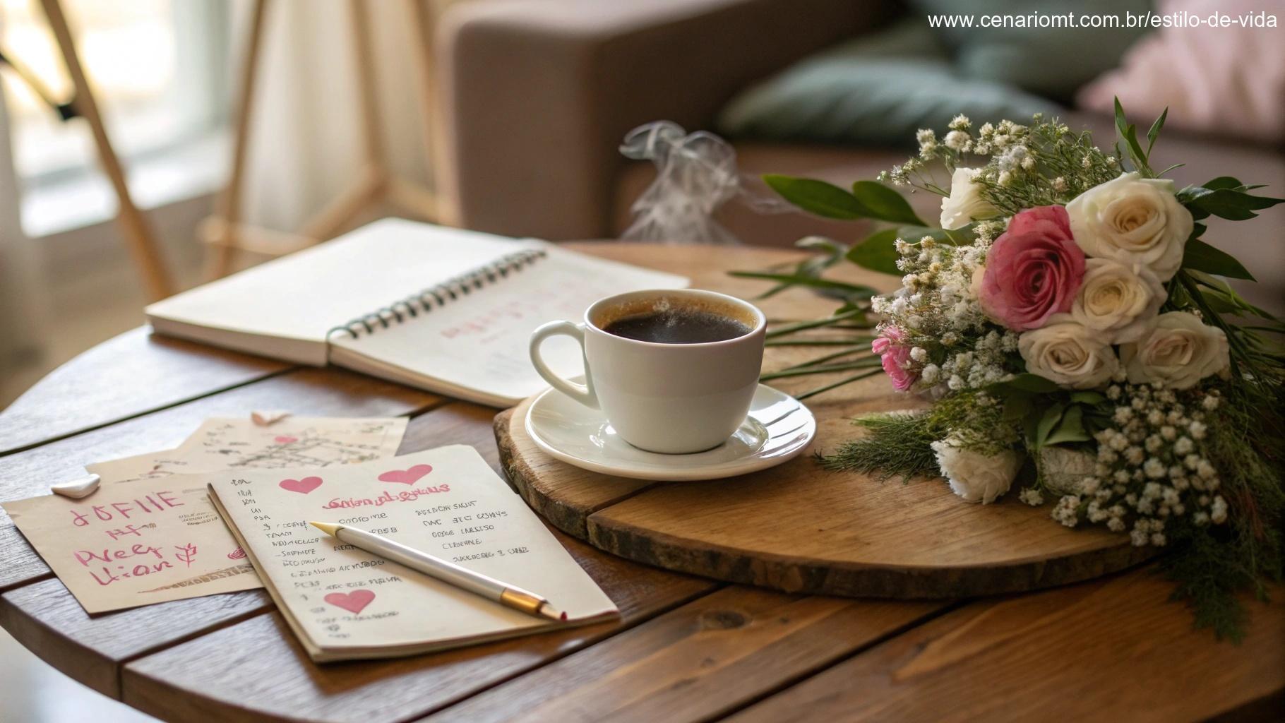 Uma mesa aconchegante com uma xícara de café, cercada por bilhetes motivacionais e um delicado buquê de flores, transmitindo calor e incentivo.