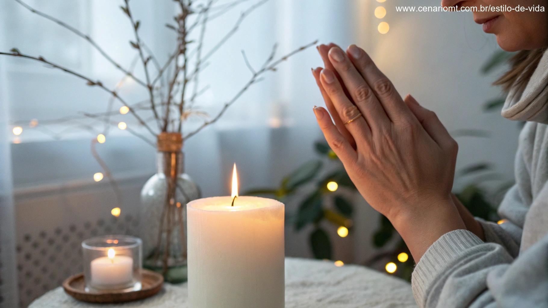 Cena de mãos unidas em oração com uma vela ao fundo em um espaço tranquilo.