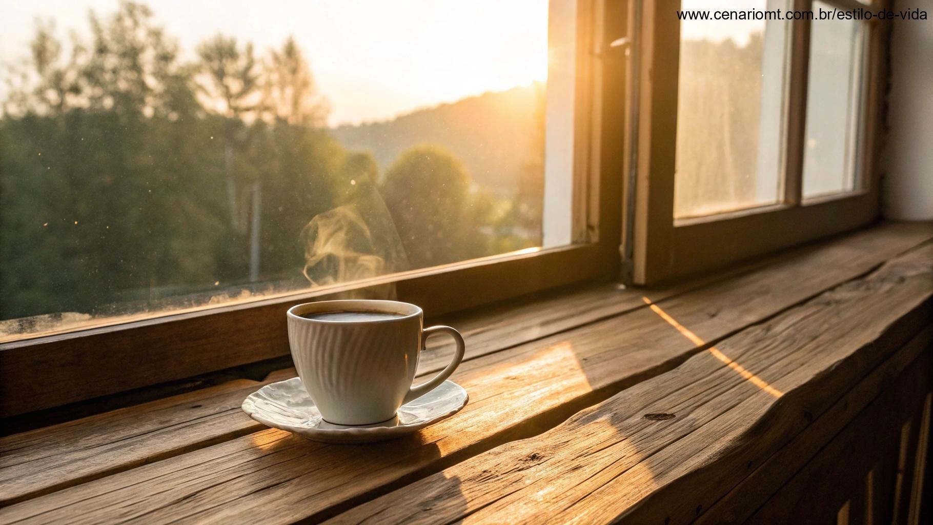 Xícara de café aconchegante sobre uma mesa de madeira perto da janela, com um nascer do sol brilhante ao fundo, criando um ambiente inspirador.