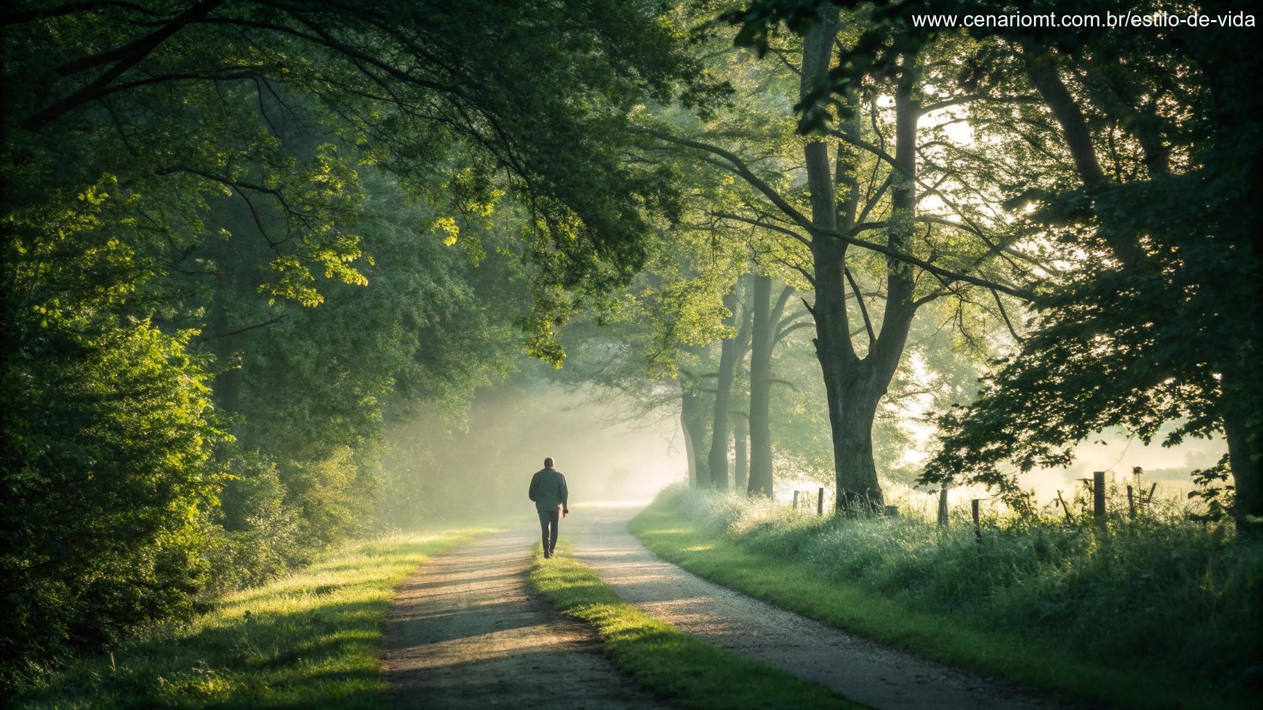 Um caminho tranquilo por uma floresta verdejante banhada pela luz da manhã, com uma silhueta discreta de uma pessoa caminhando.