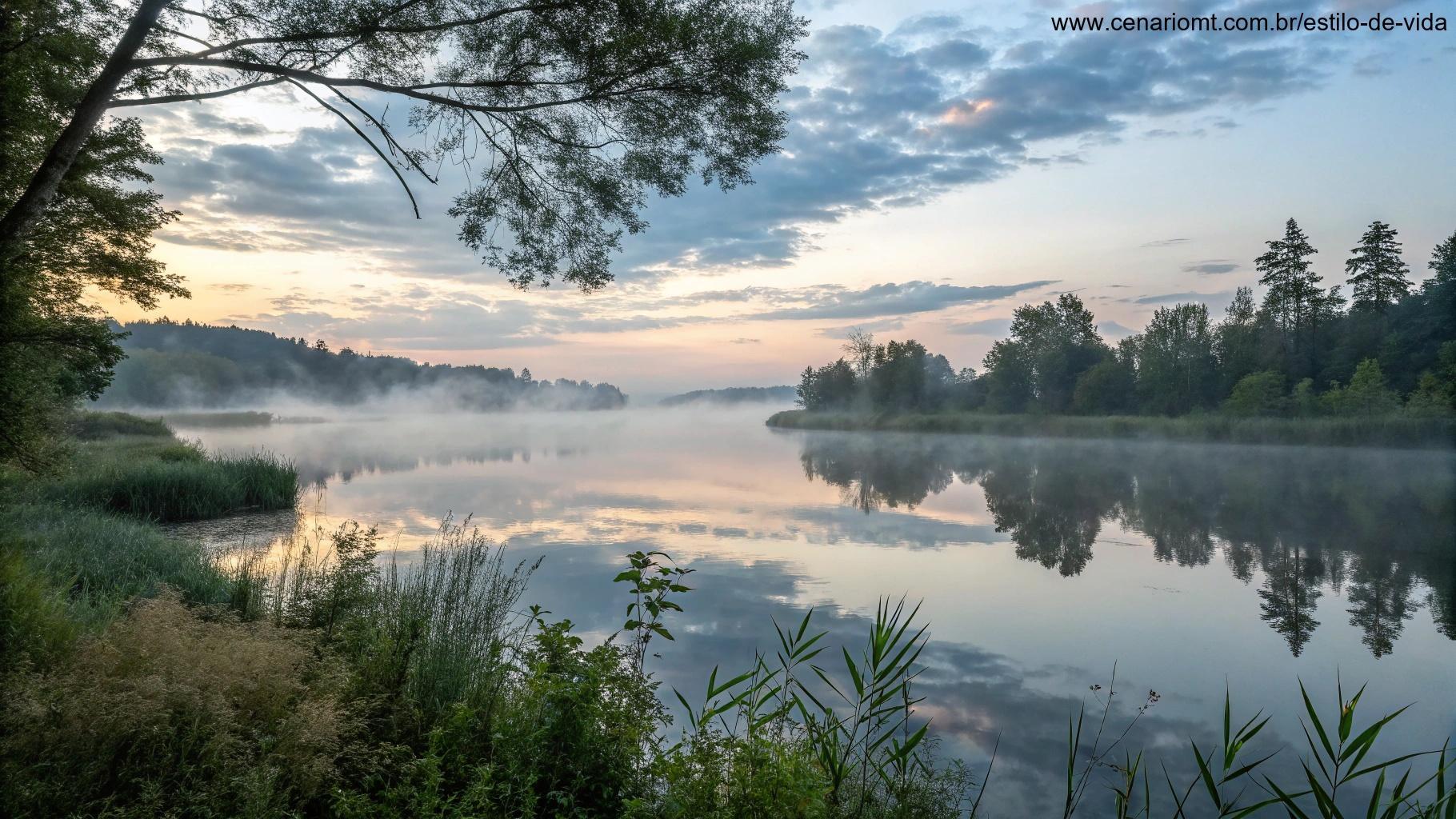 Paisagem reflexiva com um lago calmo, cuja superfície reflete o céu da manhã, cercado por árvores em uma névoa suave, simbolizando momentos de reflexão para uma quarta-feira.