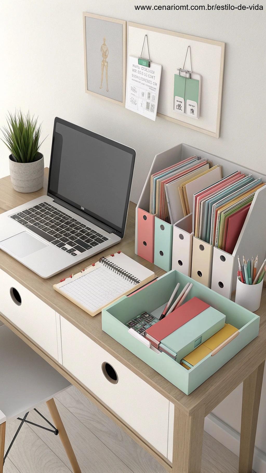 mesa de trabalho arrumada com pastas, material de escritório e laptop