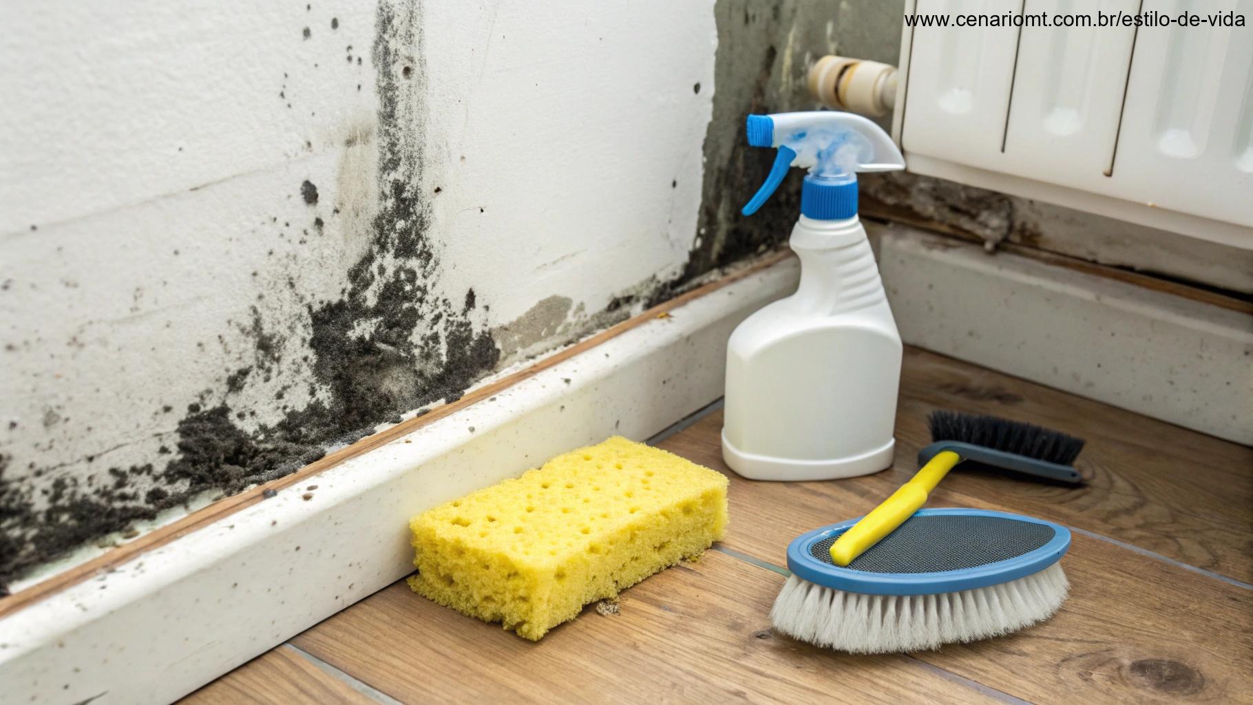 Imagem de produtos de limpeza próximos a uma parede com mofo negro visível.