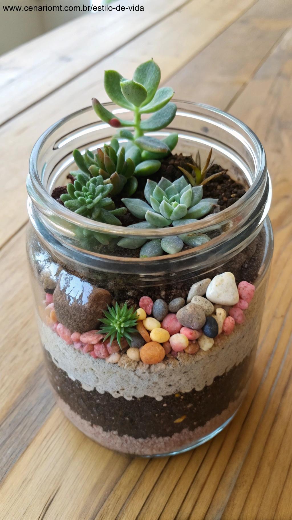 Mini jardim de suculentas em um frasco de vidro reaproveitado, decorado com pedras coloridas.