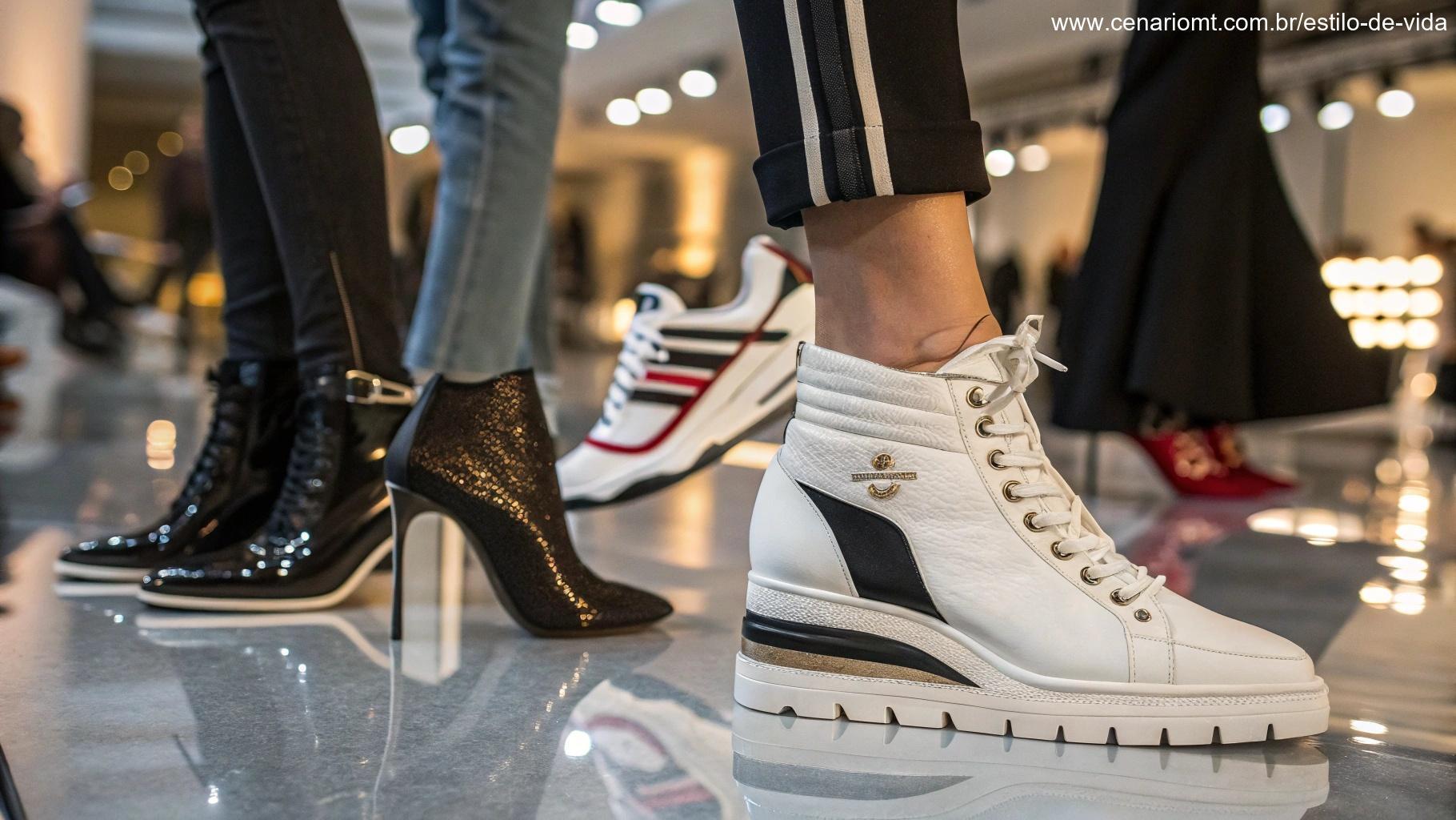 Modelos de sapatos femininos em alta para 2025, incluindo saltos elegantes, tênis confortáveis e botas únicas.
