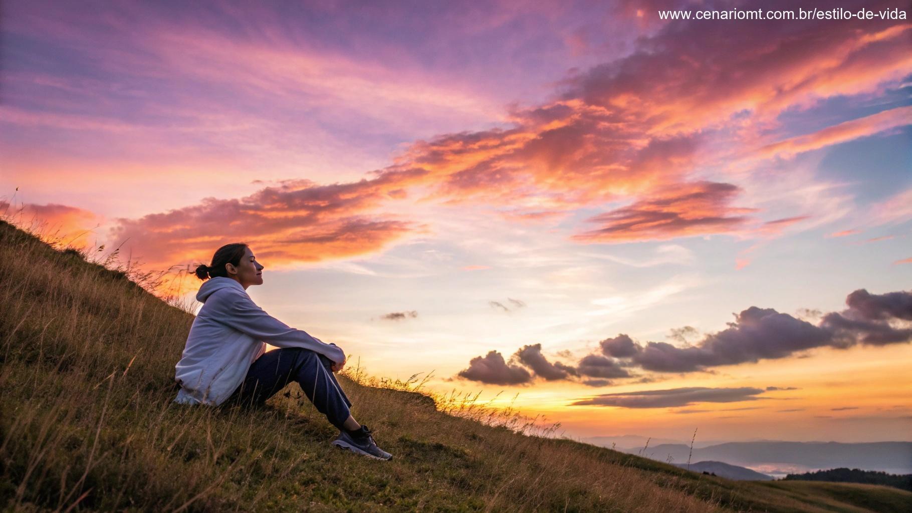 Pessoa sentada pacificamente no topo de uma colina ao pôr do sol, olhando para o céu colorido com sensação de calma e reflexão.