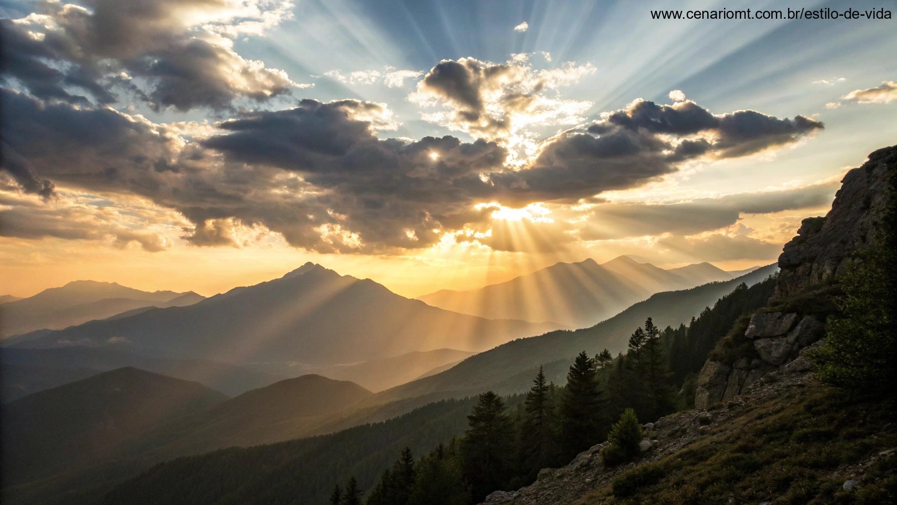 Imagem motivacional com o nascer do sol sobre uma cadeia de montanhas, simbolizando força e determinação.